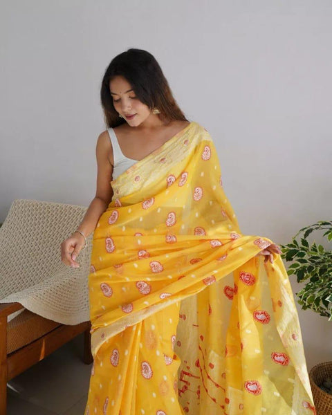 VastraLakshmi Exuberant Yellow Cotton Silk Saree With Incomparable Blouse Piece