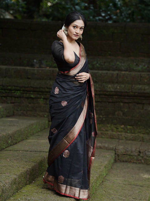 VastraLakshmi Surpassing Black Soft Silk Saree With Embellished Blouse Piece