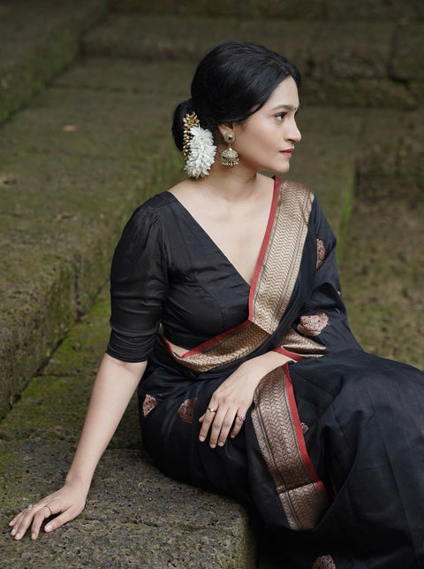 VastraLakshmi Surpassing Black Soft Silk Saree With Embellished Blouse Piece