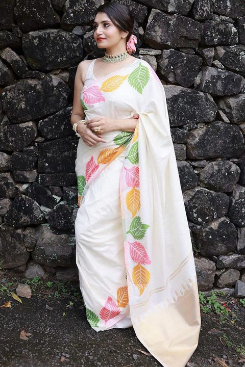 VastraLakshmi Sensational White Soft Silk Saree With Engrossing Blouse Piece