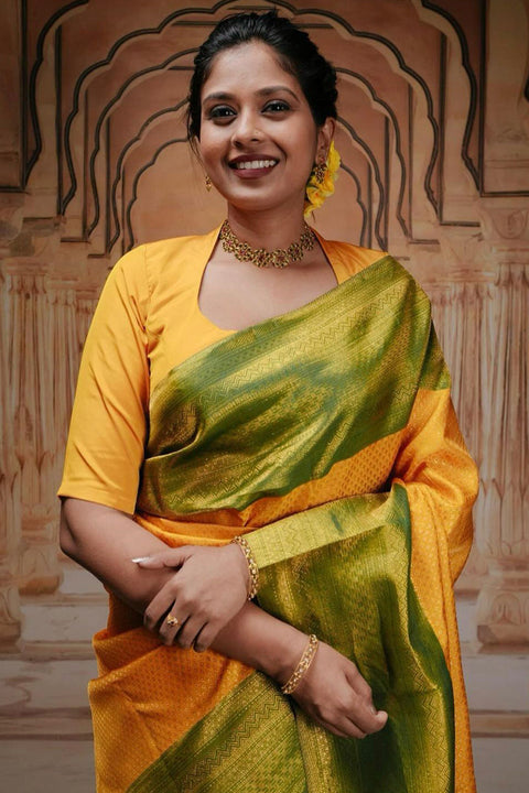 VastraLakshmi Classy Yellow Soft Silk Saree With Engrossing Blouse Piece