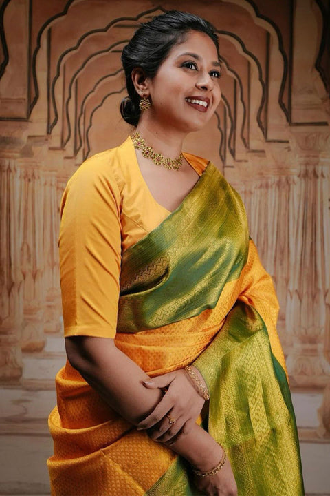 VastraLakshmi Classy Yellow Soft Silk Saree With Engrossing Blouse Piece