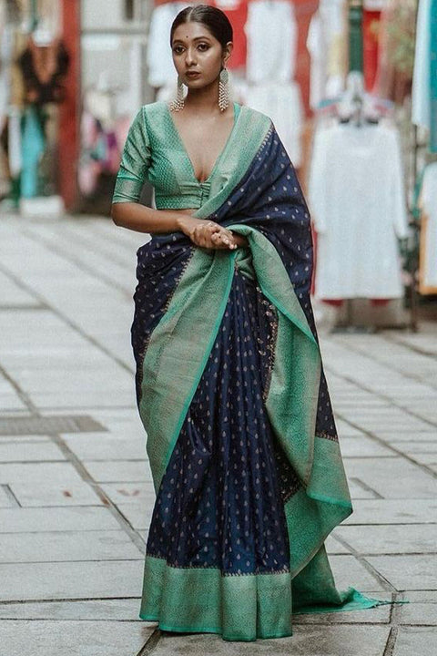 VastraLakshmi Beautiful Navy Blue Soft Silk Saree With Hypnotic Blouse Piece