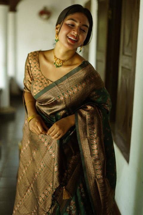 VastraLakshmi Captivating Green Soft Silk Saree With Twirling Blouse Piece