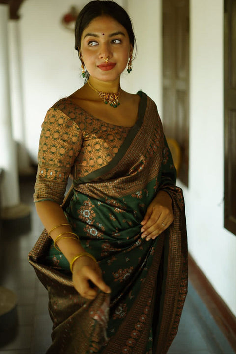 VastraLakshmi Captivating Green Soft Silk Saree With Twirling Blouse Piece