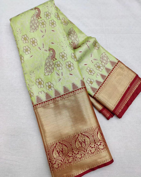 VastraLakshmi Efflorescence Pista Soft Silk Saree With Imbrication Blouse Piece