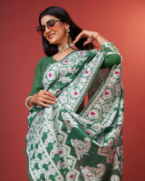 VastraLakshmi Enigmatic Green Cotton Silk Saree With Radiant Blouse Piece