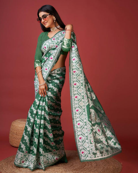 VastraLakshmi Enigmatic Green Cotton Silk Saree With Radiant Blouse Piece