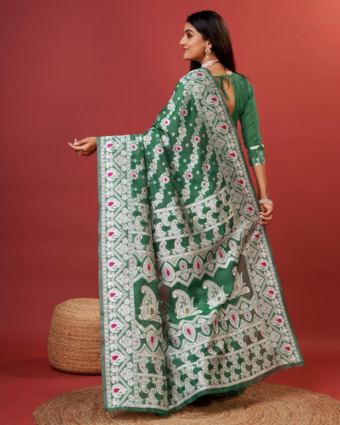 VastraLakshmi Enigmatic Green Cotton Silk Saree With Radiant Blouse Piece