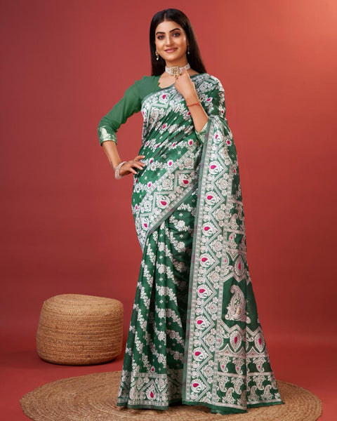 VastraLakshmi Enigmatic Green Cotton Silk Saree With Radiant Blouse Piece