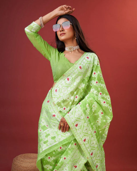 VastraLakshmi Aplomb Parrot Cotton Silk Saree With Lustrous Blouse Piece