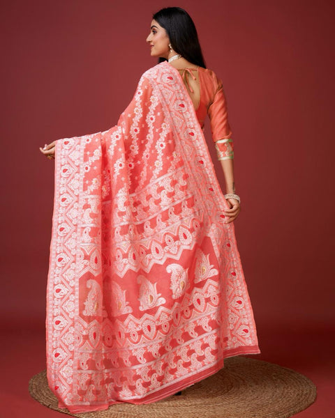 VastraLakshmi Vibrant Peach Cotton Silk Saree With Allure Blouse Piece