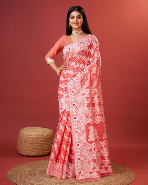 VastraLakshmi Vibrant Peach Cotton Silk Saree With Allure Blouse Piece