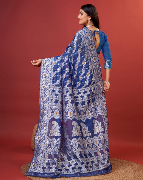 VastraLakshmi Radiant Royal Blue Cotton Silk Saree With Whimsical Blouse Piece