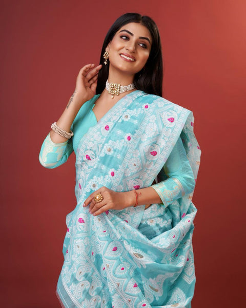 VastraLakshmi Rhapsody Sky Cotton Silk Saree With Grandiose Blouse Piece