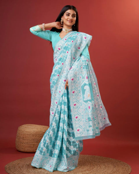 VastraLakshmi Rhapsody Sky Cotton Silk Saree With Grandiose Blouse Piece