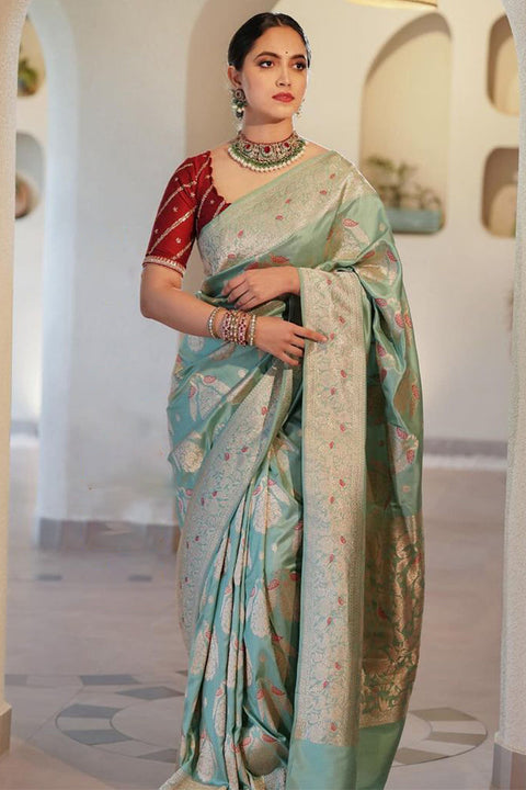 VastraLakshmi Demure Sea Green Soft Silk Saree With Magnetic Blouse Piece