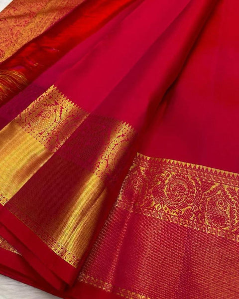 VastraLakshmi Mesmeric Red Soft Banarasi Silk Saree With Inspiring Blouse Piece