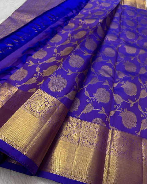 VastraLakshmi Chatoyant Royal Blue Soft Banarasi Silk Saree With Desultory Blouse Piece