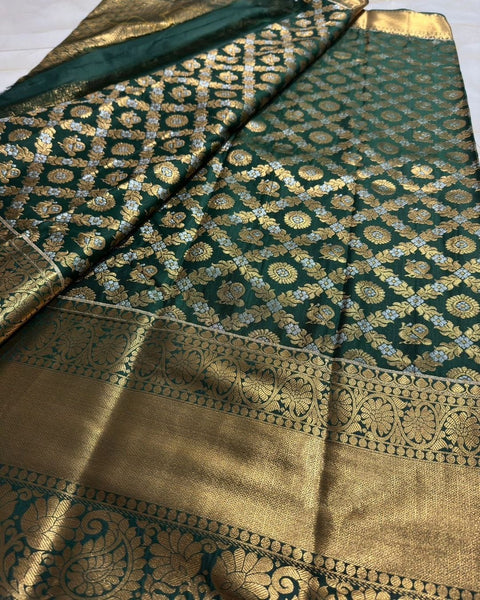 VastraLakshmi Glorious Dark Green Soft Silk Saree With Elision Blouse Piece