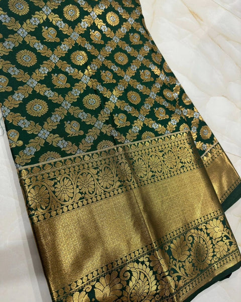 VastraLakshmi Glorious Dark Green Soft Silk Saree With Elision Blouse Piece