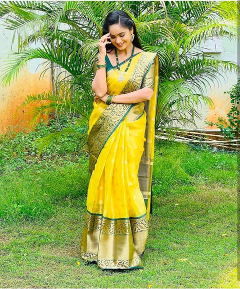 VastraLakshmi Glorious Yellow Soft Silk Saree With Adorable Blouse Piece