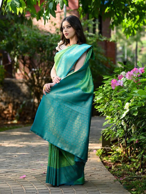 VastraLakshmi Artistic Sea Green Soft Banarasi Silk Saree With Proficient Blouse Piece