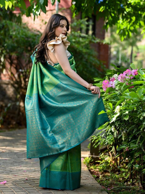 VastraLakshmi Artistic Sea Green Soft Banarasi Silk Saree With Proficient Blouse Piece