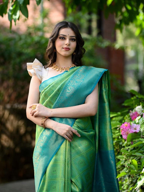 VastraLakshmi Artistic Sea Green Soft Banarasi Silk Saree With Proficient Blouse Piece