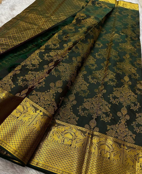 VastraLakshmi Devastating Dark Green Soft Banarasi Silk Saree With Exemplary Blouse Piece