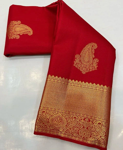 VastraLakshmi Prodigal Red Soft Silk Saree With Ornate Blouse Piece