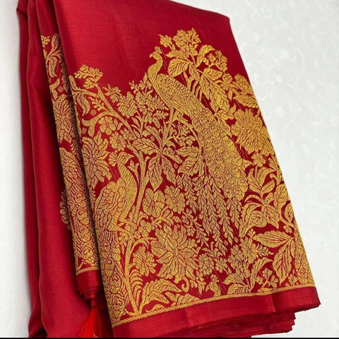 VastraLakshmi Gossamer Red Soft Banarasi Silk Saree With Chatoyant Blouse Piece