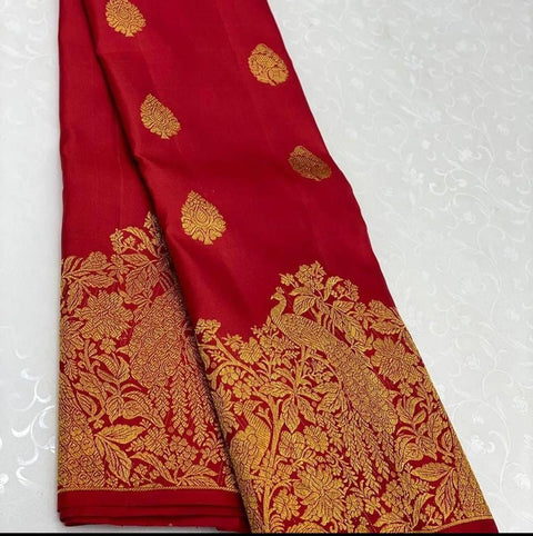 VastraLakshmi Gossamer Red Soft Banarasi Silk Saree With Chatoyant Blouse Piece