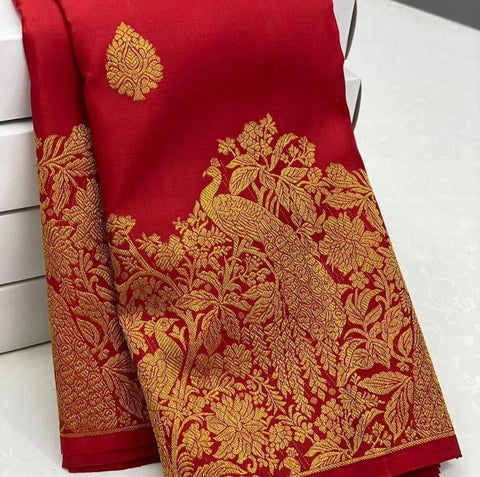 VastraLakshmi Gossamer Red Soft Banarasi Silk Saree With Chatoyant Blouse Piece