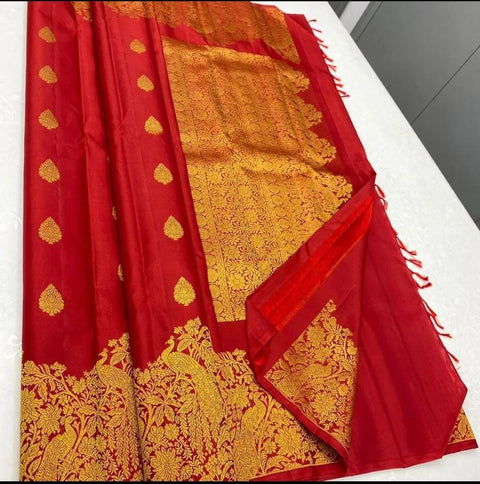 VastraLakshmi Gossamer Red Soft Banarasi Silk Saree With Chatoyant Blouse Piece