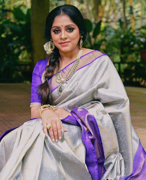 VastraLakshmi Engaging Grey Soft Silk Saree With Ratatouille Blouse Piece