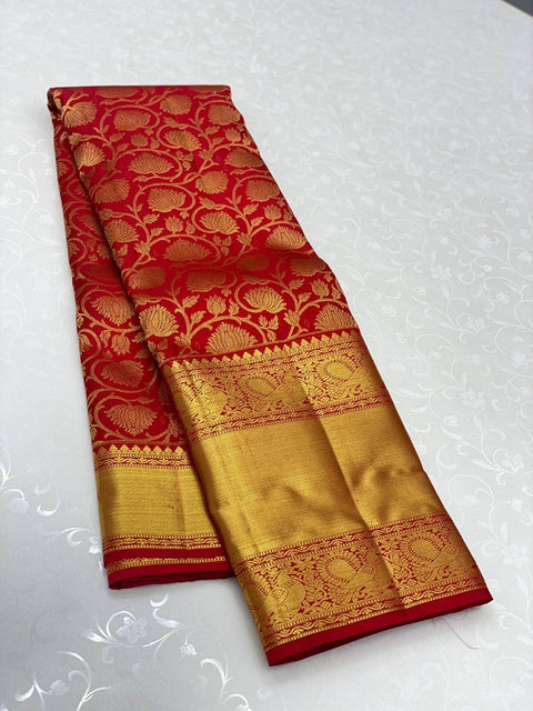 VastraLakshmi Stunner Red Kanjivaram Silk Saree with Beleaguer Blouse Piece