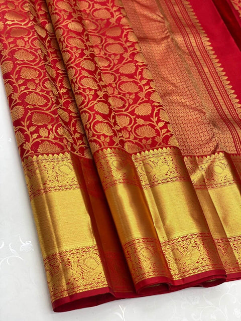 VastraLakshmi Stunner Red Kanjivaram Silk Saree with Beleaguer Blouse Piece