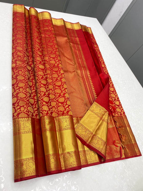 VastraLakshmi Stunner Red Kanjivaram Silk Saree with Beleaguer Blouse Piece