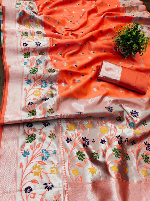 VastraLakshmi Beautiful Orange Paithani Silk Saree With Engrossing  Blouse Piece