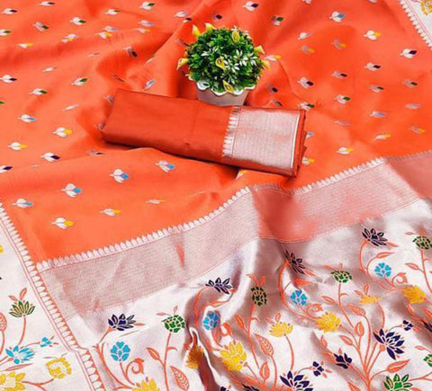 VastraLakshmi Beautiful Orange Paithani Silk Saree With Engrossing  Blouse Piece