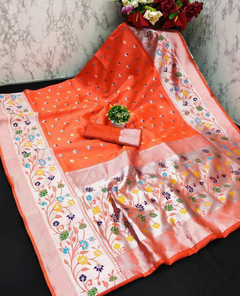 VastraLakshmi Beautiful Orange Paithani Silk Saree With Engrossing  Blouse Piece