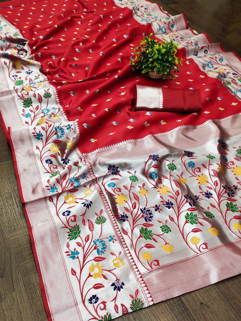 VastraLakshmi Ailurophile Red Paithani Silk Saree With Diaphanous Blouse Piece