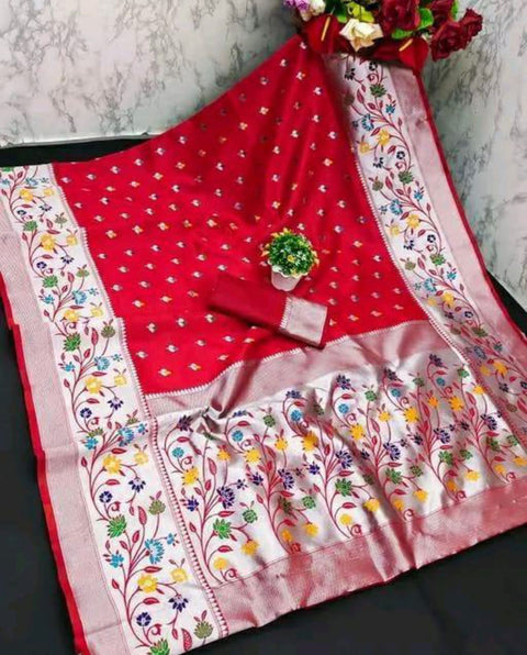 VastraLakshmi Ailurophile Red Paithani Silk Saree With Diaphanous Blouse Piece