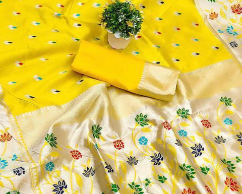 VastraLakshmi Murmurous Yellow Paithani Silk Saree With Propinquity Blouse Piece