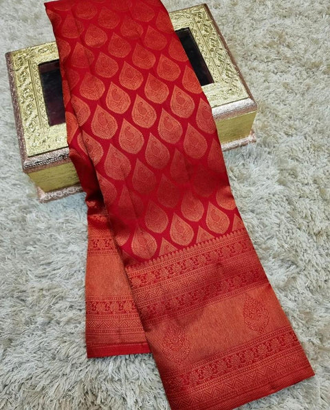 VastraLakshmi Effervescent Red Kanjivaram Silk Saree with Cynosure Blouse Piece