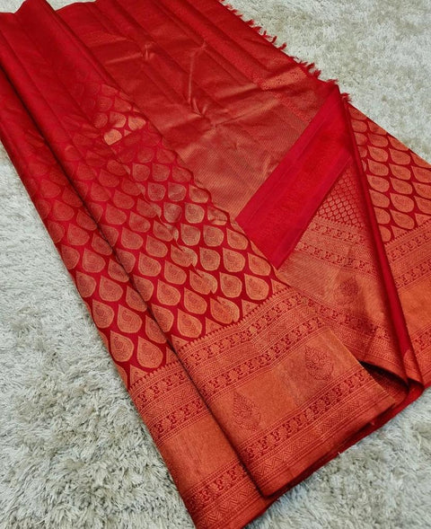 VastraLakshmi Effervescent Red Kanjivaram Silk Saree with Cynosure Blouse Piece