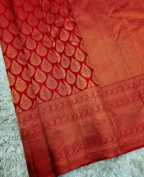 VastraLakshmi Effervescent Red Kanjivaram Silk Saree with Cynosure Blouse Piece