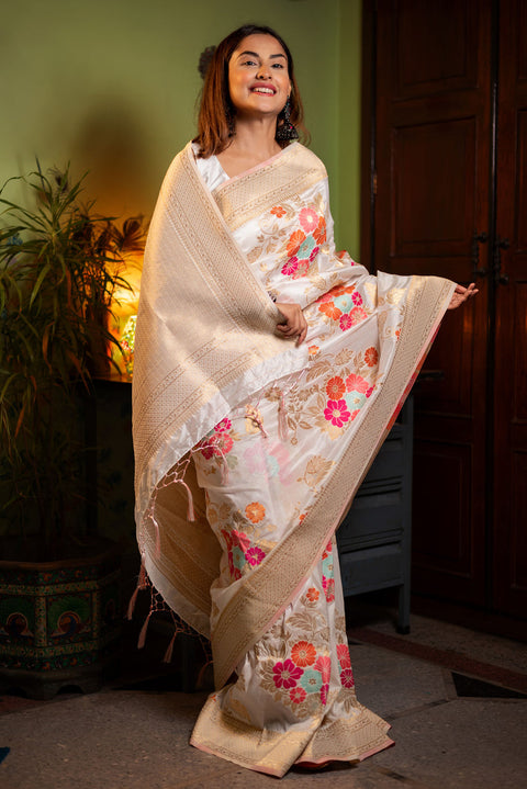 VastraLakshmi Majesty Beige Soft Banarasi Silk Saree With Demanding Blouse Piece