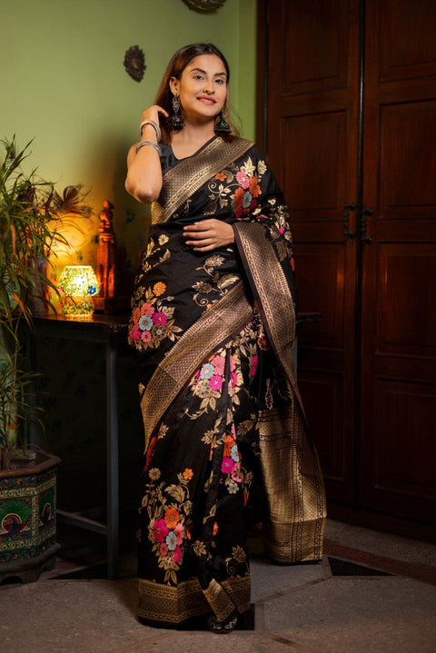 VastraLakshmi Charming Black Soft Banarasi Silk Saree With Hypnotic Blouse Piece